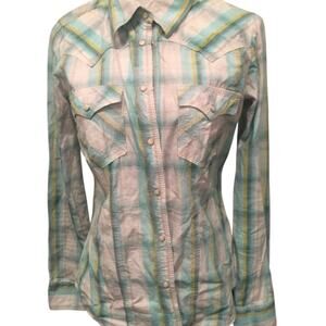 True Religion Blue Yellow Plaid Pearl Snap Front Shirt Size Medium